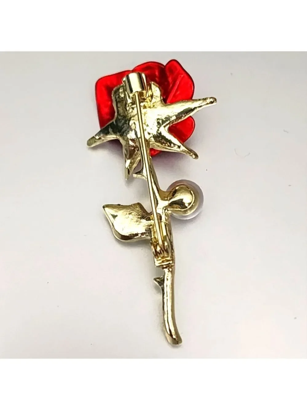 RED Long Stem Rose With Simulated Diamond Thorns Brooch Beautiful Enamel Colors
